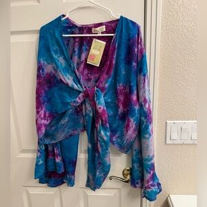 NWT Kantha Bae Zeppelin Crop Shrug Free Size Purple Blue Tie-Dye 100% Silk
